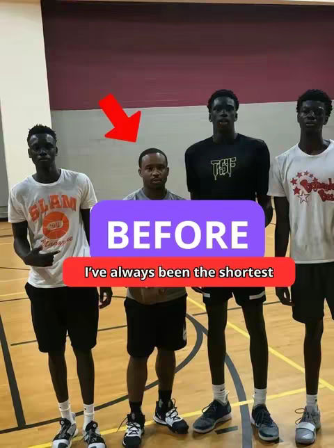 The cover image features a 'before and after' comparison with four young men of different heights. A clear red arrow points to the shortest man, who is framed in front of a purple rectangle with white text that reads 'BEFORE.' Below the rectangle is a red rectangle containing the text “I’ve always been the shortest.” The background is a basketball court.