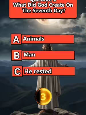 A cover image for a quiz video with a mountainous background, cloudy sky, and a bright moon. The foreground features an illustration of a figure with arms outstretched, possibly Jesus, given the appearance. Quiz questions and answer options are overlaid on top of the scene in rectangular boxes. A timer graphic displaying '3' is at the bottom.