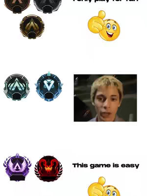 The cover image is a meme-style compilation. It is divided into sections. Top left shows game ranks, top right has a thumbs up emoji, then the creator’s face, then another series of game ranks, with the text overlay reading, "This game is easy". There is a thumbs up with a smiley face.