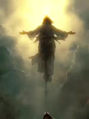 The image depicts Jesus with arms outstretched, ascending towards a bright, golden light in the sky. He is dressed in flowing robes, and the background is filled with clouds, with a lower section of the image subtly showing a crowd from below.