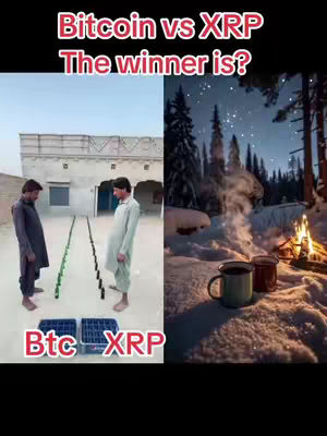 The image is split into two scenes. On the left, two men are standing outside a simple concrete building, facing each other with a line of green bottles separating them. On the right, a peaceful outdoor scene with snow, a campfire, and two mugs emitting steam. Text overlays read "Bitcoin vs XRP" and "The winner is?" at the top, and "Btc" and "XRP" at the bottom.