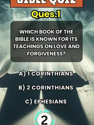 The cover image features a Bible trivia quiz with a background of sunlight shining through clouds. A book is open in the lower half, and a dark rectangular box contains a trivia question about the Bible. Below the question are three answer options.