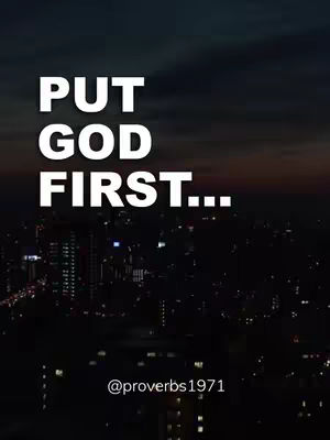 The image has a dark background of an evening cityscape. Large white text reads, 'PUT GOD FIRST...' below which is an Instagram handle. The overall composition is simple and text-focused.