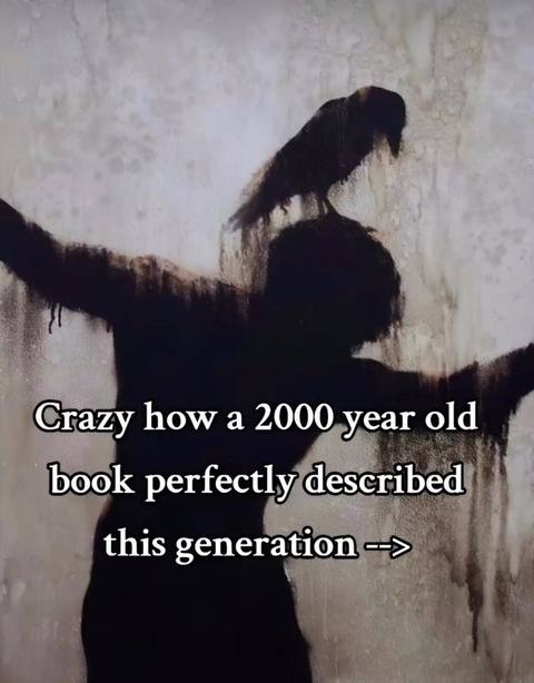 A silhouetted image shows a figure with arms outstretched, appearing to be crucified or embracing something. A dark bird perches on their head, and dark material appears to be dripping or flowing down the background. Text overlays the image regarding a book and generation.