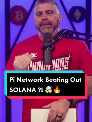 A man in a red shirt with a microphone in front of him is holding a white sign or paper, against a background of a purple wall with two circular logos. Within a black and blue rectangle, text is displayed with related emojis.