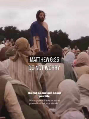 The image shows a scene from a historical drama, possibly depicting Jesus addressing a crowd. A man, assumed to be Jesus, stands above the gathered people, dressed in period clothing with a shawl draped over his shoulders. Text overlays on the image provide a Bible reference and a message.