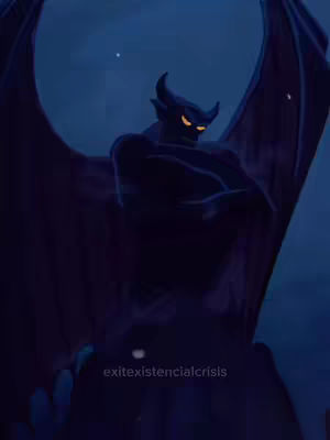 A dark, digitally stylized illustration depicts a gargoyle perched atop a structure, against a blue night sky. The gargoyle is rendered in shades of black and blue, with glowing yellow eyes. The background includes a soft, blurry gradient of dark blue.