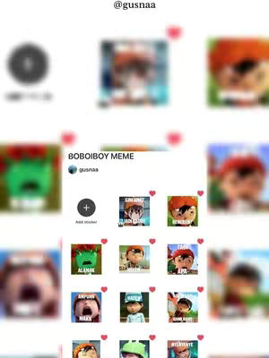 The cover image is a grid of app screenshots showcasing Boboiboy-themed stickers. The central element highlights a set of stickers titled 'BOBOIBOY MEME' by the user 'gusnaa'. The stickers feature various Boboiboy character expressions and poses. The layout consists of a white background, small heart icons, and an add sticker icon in the form of a plus sign.