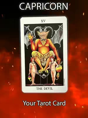 The cover image showcases a tarot card illustration with a red and black background. The central visual element is a tarot card depicting a devil-like figure with horns and wings, seated on a throne. Below the devil, two nude figures are chained to the throne. The word "CAPRICORN" is at the top. The card is set against a fiery, reddish background.