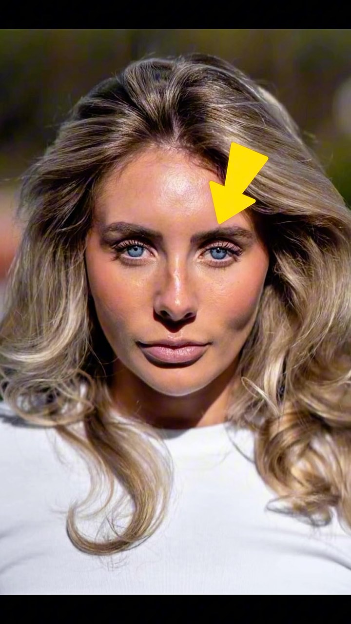 A close-up photo of a woman with blonde hair and blue eyes. She is looking directly at the camera, and a yellow arrow points towards her eyebrow. The background is blurred, suggesting a natural outdoor setting. The woman is fair-skinned, and her makeup appears to be natural. She wears a white shirt that is mostly out of frame. The lighting appears to be soft and diffused.