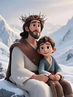 A digital illustration depicts Jesus, wearing a crown of thorns and a white robe, embracing a young boy. They are set against a backdrop of snow-covered mountains, conveying a sense of peace and protection. The style is animated, and the overall composition has a soft, warm color palette.