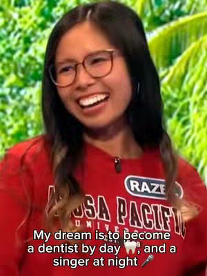 A young woman with glasses smiles broadly, wearing a red shirt with the text 'AZUSA PACIFIC UNIVERSITY' and text overlayed at bottom.