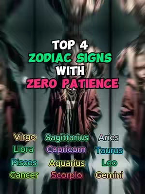 The cover image features a blurred person in the background with a highlighted text overlay. The text reads "TOP 4 ZODIAC SIGNS WITH ZERO PATIENCE" in large, bold letters.  Below this is a list of zodiac signs, with each highlighted in a different color and styled in a casual and engaging arrangement.