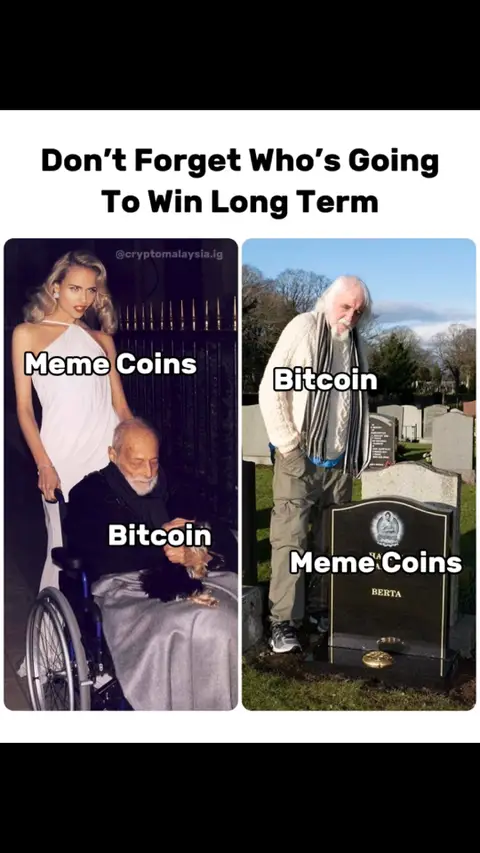 The image is a split-screen meme. On the left, an elderly man in a wheelchair is being attended to by a younger woman. Text overlayed reads "Meme Coins" next to the woman and "Bitcoin" next to the man. On the right, an elderly man stands in front of a gravestone reading "Meme Coins." The man next to it has the text "Bitcoin" next to him.