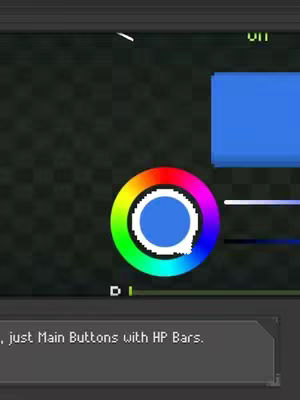 The image depicts a portion of a game interface with a dark checkered background. A color wheel graphic is at the center, with a blue circle inside. To the right, there is a blue rectangular element. The lower area reveals part of a text, displayed within a grey panel, hinting at main buttons and HP bars.
