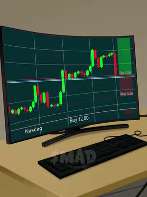 The cover image shows a curved computer monitor displaying a stock chart. The chart has green and red candlesticks against a dark background. The display sits on a light brown desk. A black keyboard is in front of the monitor. The bottom right of the keyboard has a logo.