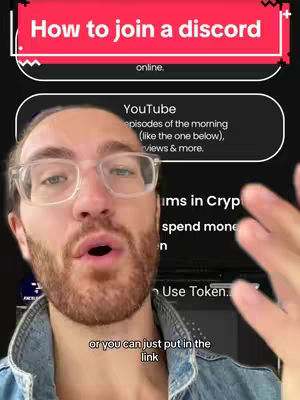 A man with glasses and a beard speaks to the camera. Text overlays explain how to join a Discord server. The background is a dark app interface with text.