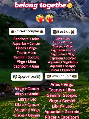 The image displays a colorful graphic overlay on a natural background. It's divided into sections with lists of zodiac sign pairings like 'Spiciest Couples' and 'Besties.' The text is in a playful, stylized font, with emoji accents, set against a backdrop of green grass and a clear sky. The overall aesthetic is friendly and visually appealing.