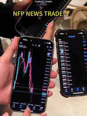 The image shows three smartphones held by hands. Two phones on the right display trading charts and info. The phone on the left shows a candlestick chart with two fingers pressing on it. The background is a blurry setting, with some objects visible.