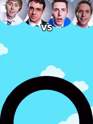 The cover image is a composite with a blue sky background filled with white cloud shapes. Above, four men's faces are arranged in a horizontal row. A white 'VS' is placed in the center between the pictures. A black, curved element similar to the top of an arch is located at the bottom of the image.