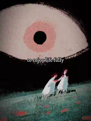 The image depicts a surreal, illustrative scene with a large eye hovering above two figures. The eye is white with a peach-colored iris and a black pupil. Beneath the eye, two figures in white dresses walk along a grassy landscape, surrounded by what appear to be red, fallen leaves. The composition is dark and dreamlike, with a muted color palette.