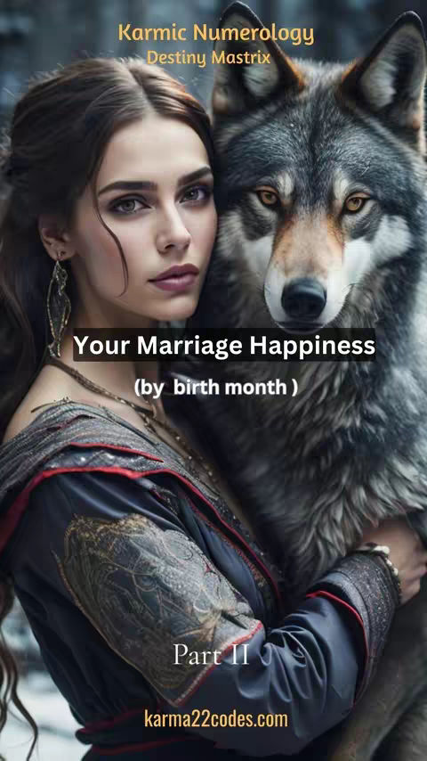 A stylized image featuring a woman and a wolf. The woman, with long brown hair, is positioned on the left, her expression is focused. The wolf is on the right, its head close to the woman, with vibrant orange eyes. The background incorporates a blue-toned, indistinct setting. Text overlays include 'Karmic Numerology' and a title about marriage happiness.