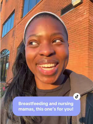 A smiling Black woman is the central focus of the image. She's wearing a white headband and a dark jacket. Behind her is an orange brick building. A light-purple speech bubble with white text and a musical note icon is at the bottom of the frame.