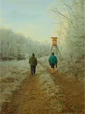 Two figures walk away through a path in a frosty, winter scene. A wooden hunting stand is visible in the distance.