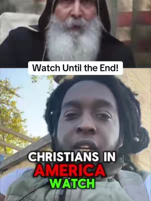 The cover image is a split screen. The upper portion shows an older man (likely a religious figure) with a long white beard, wearing a hooded black garment. The lower portion features a close-up of a young Black man looking at the camera, with text overlays. The background appears to be outdoors with some sunlight.