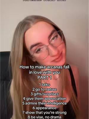 The cover image features a woman with long blonde hair, wearing glasses and looking towards the viewer with a slight smile. Overlayed on the image is vertical text in a sans-serif font, listing eight ways to make arcanas fall in love, with a red-toned glow.