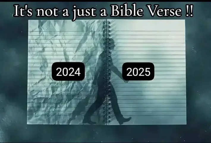 The image displays a side-by-side comparison, likely symbolizing a transition across time. On the left, a crumpled, textured paper represents 2024 and the past. On the right, a crisp, lined paper stands for 2025 and the future. Silhouetted against the center is a person mid-stride, walking from left to right, between the two years. Black rectangles displaying '2024' and '2025' are superimposed on the image, with text at the top, all against a dark, atmospheric backdrop.