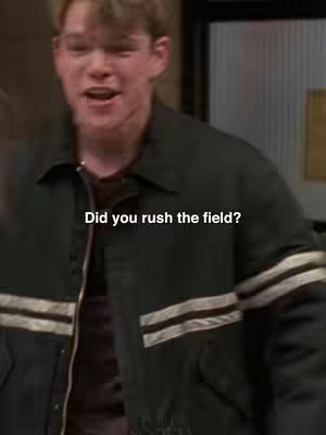 The image shows a man in a jacket, looking towards the camera with an open mouth as if speaking. The text overlay on the image reads, "Did you rush the field?"