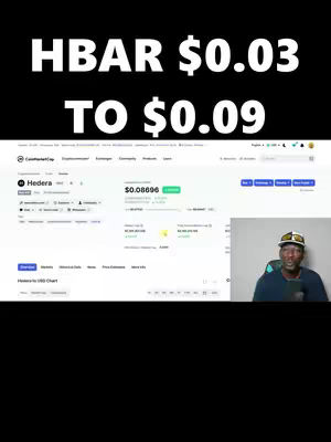 The cover image features the text 'HBAR $0.03 TO $0.09' in white, bold font at the top. Below this, a screen displaying a cryptocurrency trading chart is shown. The chart appears to be a trading platform with candlestick charts, indicating price fluctuations. Next to the screen, a man wearing a black tee shirt along with a white and yellow hat is visible, appearing to be giving commentary.