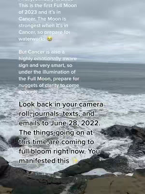 The image is a vertical shot of the ocean and a rocky shoreline with waves crashing against the rocks. The sky has some cloud cover. Text is superimposed on the image, which gives a summary of astrological events.