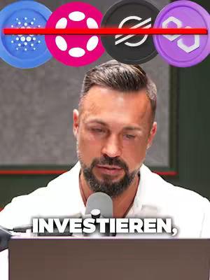 The cover image features a man in a white shirt talking into a microphone that is close to a laptop. Above him are the logos of different coins, where the Cardano, a symbol of a coin which is in red with a white line through it.