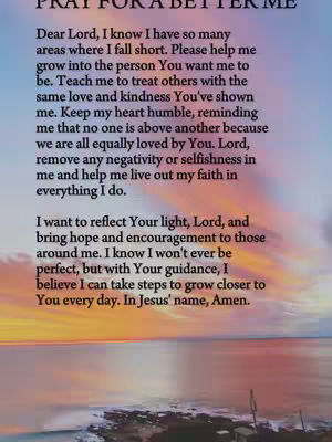 An image of a calm sunset scene with a light overlay of text. The sky transitions from orange to blue, and the sea reflects the colors. The text is a prayer.
