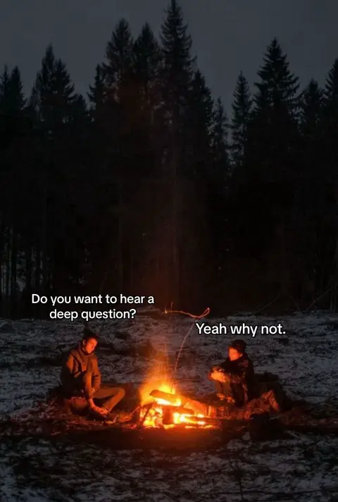 A wide shot shows two people sitting on the ground around a campfire at night. The foreground is snow-covered ground lit by the fire. Dark trees fill the background, and the night sky is visible above. Text overlays appear on the image.