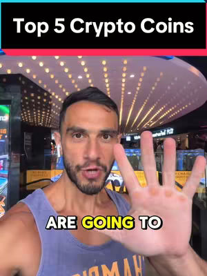 The image features a man in a blue tank top holding up his right hand with all five fingers extended towards the camera. The background shows a commercial interior with a curved ceiling and inset lights. The text overlay 'Top 5 Crypto Coins' is in a black box over the man's head. Below the man in yellow, the text overlay 'ARE GOING TO'.