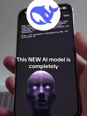 A person's hand holding a phone displaying an AI-generated face and overlaid text. The phone shows a stylized digital face with glowing eyes and a network-like texture.