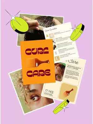 The cover image is a collage of elements related to hair care, arranged on a light purple background. Central to the composition is an orange rectangle bearing the words "CURE CARE" in large, bold, brown, stylized font. Resting on top is a brown hair pick. Surrounding this central element are various cut-out images and paper-like elements. These include snippets of text, images of hair care ingredients, and close-up portraits of people. Two neon-green disc shapes are placed near the top of the image, with white starbursts emanating from their edges. The overall effect is a busy yet informative visual, designed to attract attention.