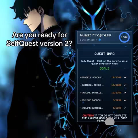 The cover image features a stylized anime character with a dark background. Text overlays include "Are you ready for SelfQuest version 2?" and a quest progress display. The color scheme is primarily dark blue and black.