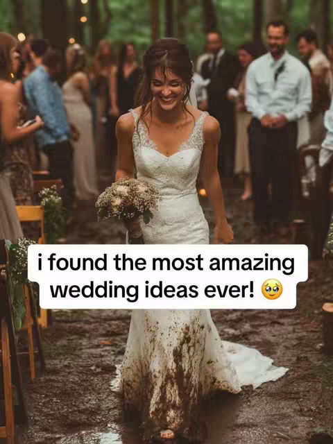 A bride in a white wedding dress walks towards the camera with a joyful expression, holding a bouquet. The bottom of the dress is visibly stained with mud. The background shows an outdoor wedding setting with blurred guests and greenery. A text overlay reads, 'i found the most amazing wedding ideas ever!'