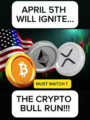 The image features a bold, eye-catching design with a black background. At the top, a white box contains the text "APRIL 5TH WILL IGNITE...". Below, the image showcases a Bitcoin coin, an Ethereum coin, and an XRP coin, with an American flag waving behind them. A yellow banner with "MUST WATCH!" is at the bottom. At the very bottom, a white box reads "THE CRYPTO BULL RUN!!!". The overall design is promotional and aims to create excitement for the cryptocurrency market.
