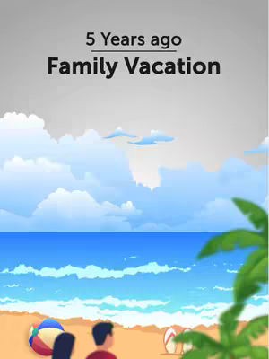 The image is a cartoon illustration of a beach scene under a cloudy sky. In the foreground, there's a beach ball, and two indistinct figures are positioned to the left, near the sand. A pair of flip-flops and some palm leaves on the right. The background shows the sea with blue waves extending to the horizon. Above the clouds is a grey gradient.