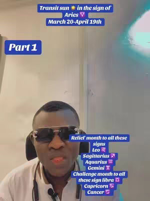 A man wearing sunglasses is centered in the frame, appearing to speak. Text overlays highlight astrological information. The layout is vertical, with a light background.