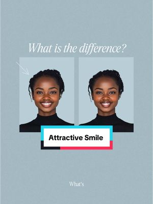 The image shows two side-by-side headshots of a dark-skinned woman with braided hair and a black turtleneck. The images are set on a light teal background. Above the images are the words, "What is the difference?" The bottom has a gradient box with the text, "Attractive Smile."