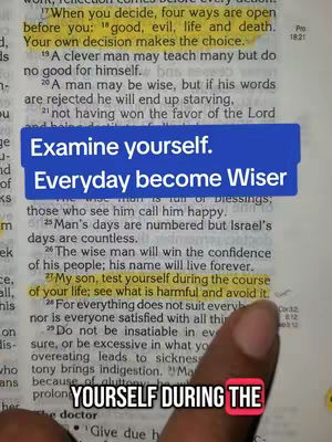 The image shows a page from a Bible with highlighted text. A blue bar with white text that says "Examine yourself. Everyday become Wiser" is overlaid on top.