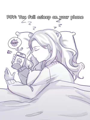 An illustration depicts a woman asleep in bed, holding a phone. Above her, text reads "POV: You fell asleep on your phone." The woman has long, flowing hair and is nestled under a blanket and pillow. A thought bubble emanates from the phone screen, showing a cartoon face. The scene is rendered in a simple, sketched style with a minimalist color palette.