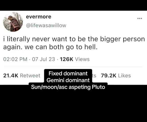 The cover image shows a tweet from the handle @lifewasawillow where the text says, "i literally never want to be the bigger person again. we can both go to hell." The image also highlights astrology-related text on a black background.