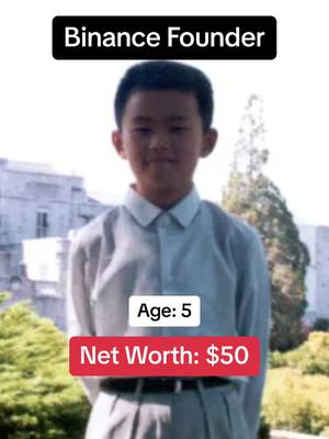 The image shows a young boy in a formal light-blue shirt and dark pants, standing in front of an out-of-focus background. Text overlays at the top read 'Binance Founder,' followed by 'Age: 5' in a white box. A red box at the bottom displays 'Net Worth: $50'.
